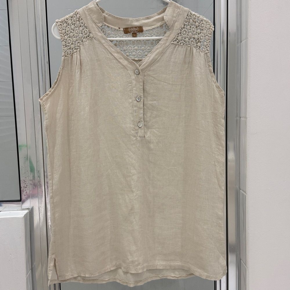 Sleeveless Top embroidered beige Pearl Buttons made in Italy 100% Linen Large - Picture 3 of 7
